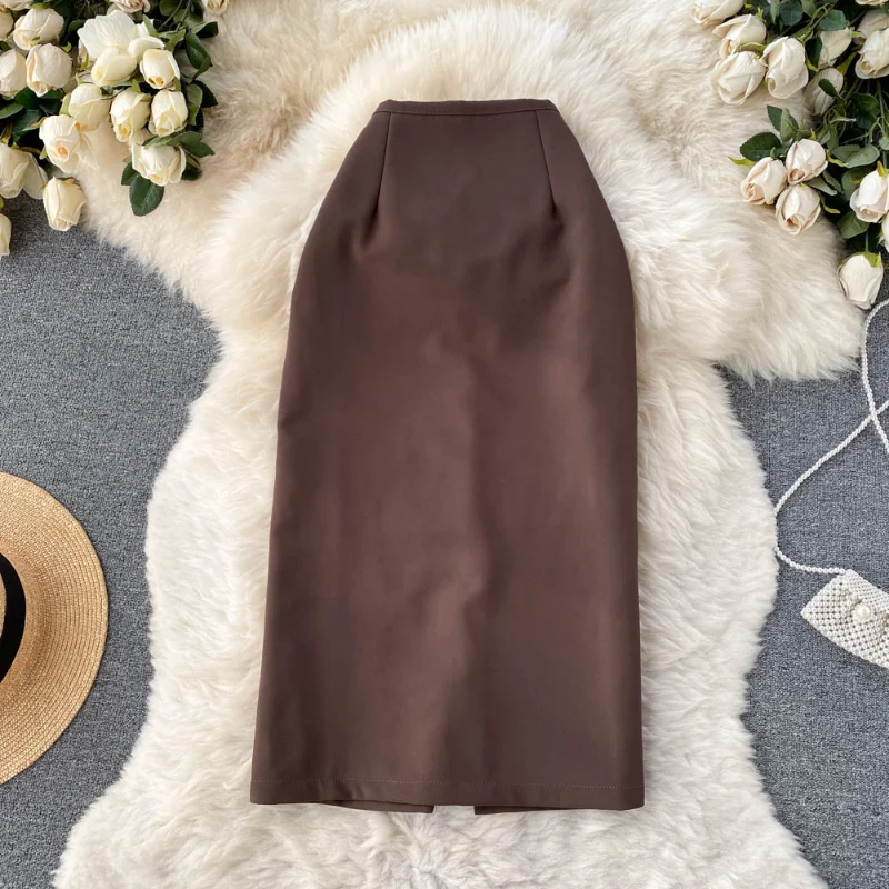 Женская офисная юбка с завышенной талией коричневая Повседневная