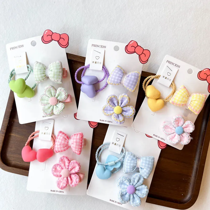 

4Pcs/Set Sweet Baby Hair Band Scrunchies Kids Hair Clips Flower Bow Heart Rubber Bands Fashion Hair Accessories