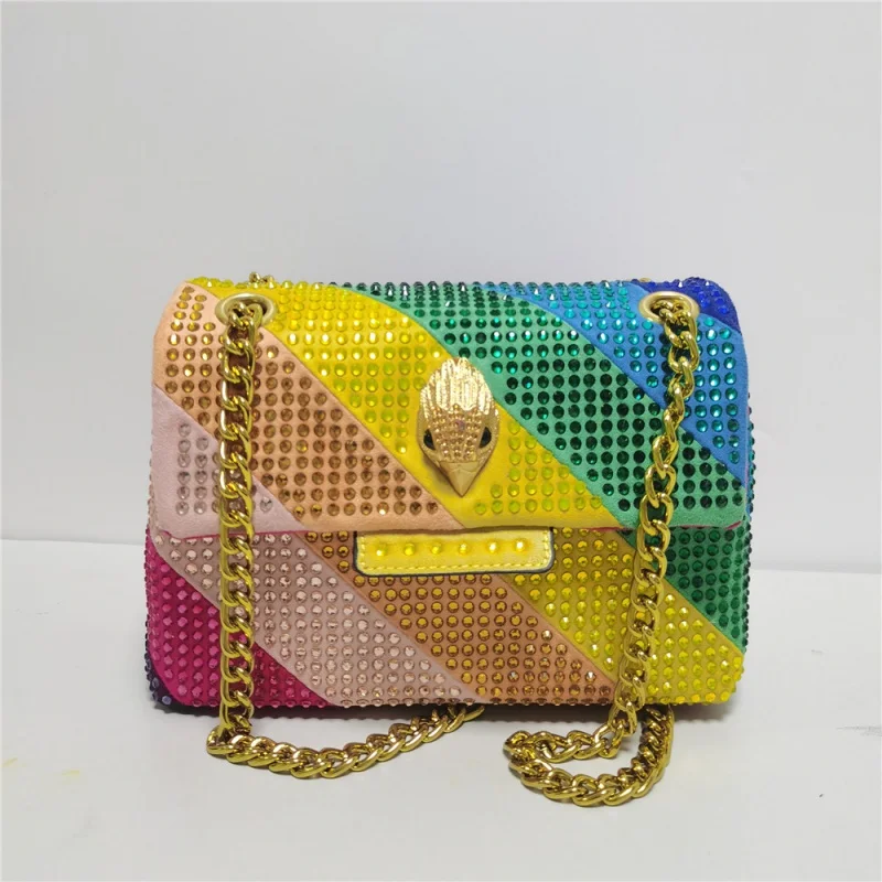 

New Rainbow Patchwork Eagle Head Handbag Suede Diamond Women Purse Jointing Colorful Cross Body Bag