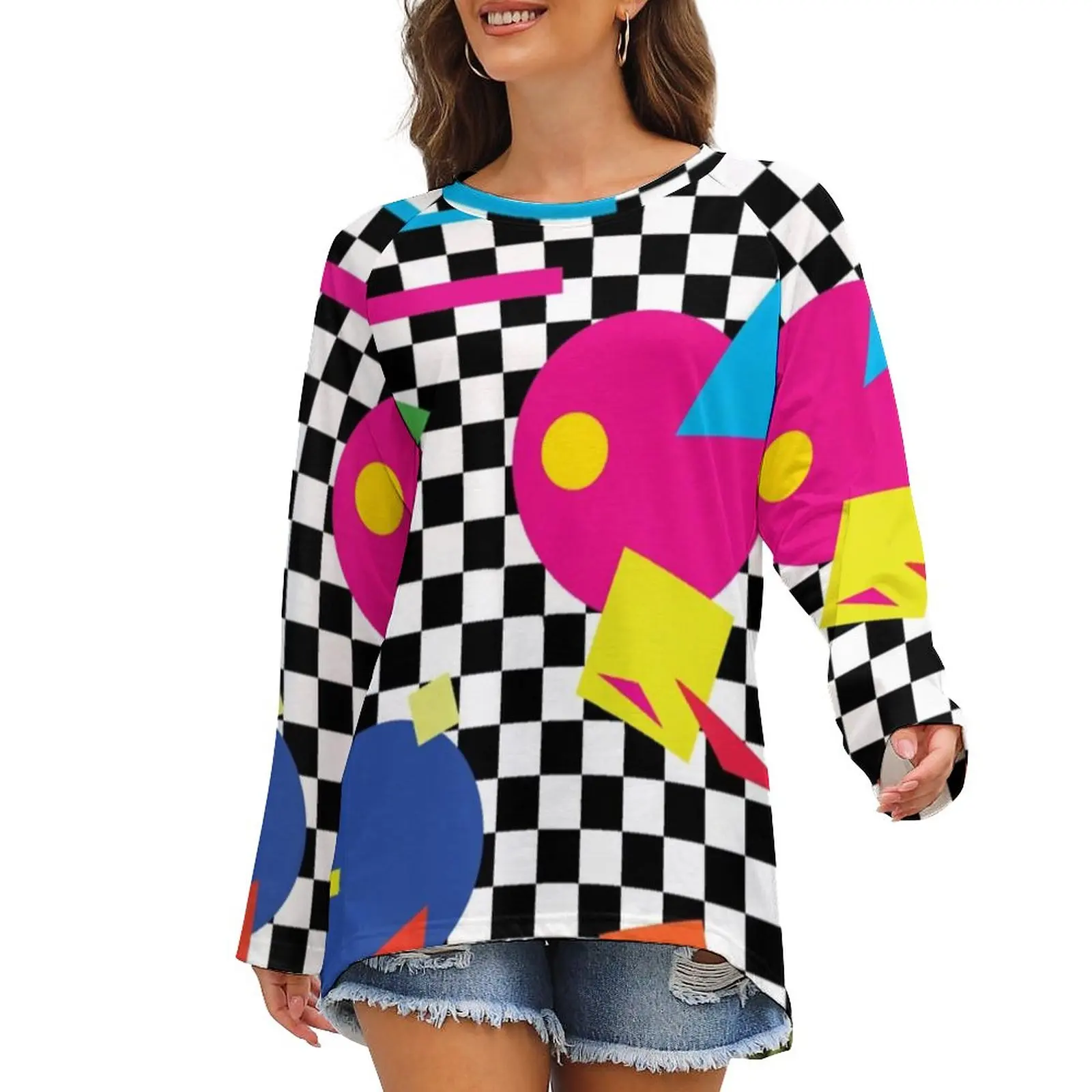 

Colorful Memphis T Shirts Retro Shapes 1980s Classic Long-Sleeve T Shirt Trendy Printed Tees Woman Clothing Large Size
