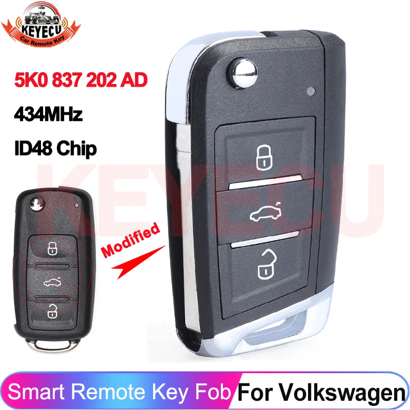 

Модернизированный дистанционный ключ KEYECU, чип ID48 434 МГц для VW Volkswagen GOLF PASSAT Tiguan Polo Jetta Beetle Skoda Seat 5K0 837 202 AD