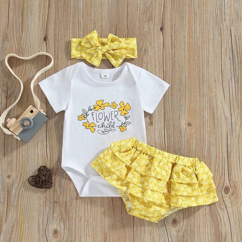 

Комплект летней одежды для маленьких девочек из 3 предметов, комбинезон с коротким рукавом и буквенным принтом + Цветочный рисунок детской одежды