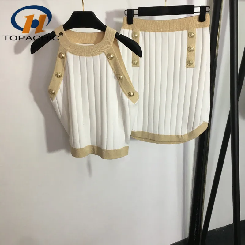 

5.11 High Quality Contrast Color Gold Button Decoration Halter Knit Tank Top + Elastic High Waist Skirt Tow Piece Set Women