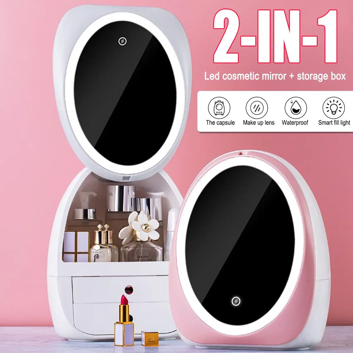 

LED Cosmetic Sorage Box HD Mirror Makeup Organizer Drawer Portable Desktop Rotate Jewelry Rack Skincare Lipstick Storage Box