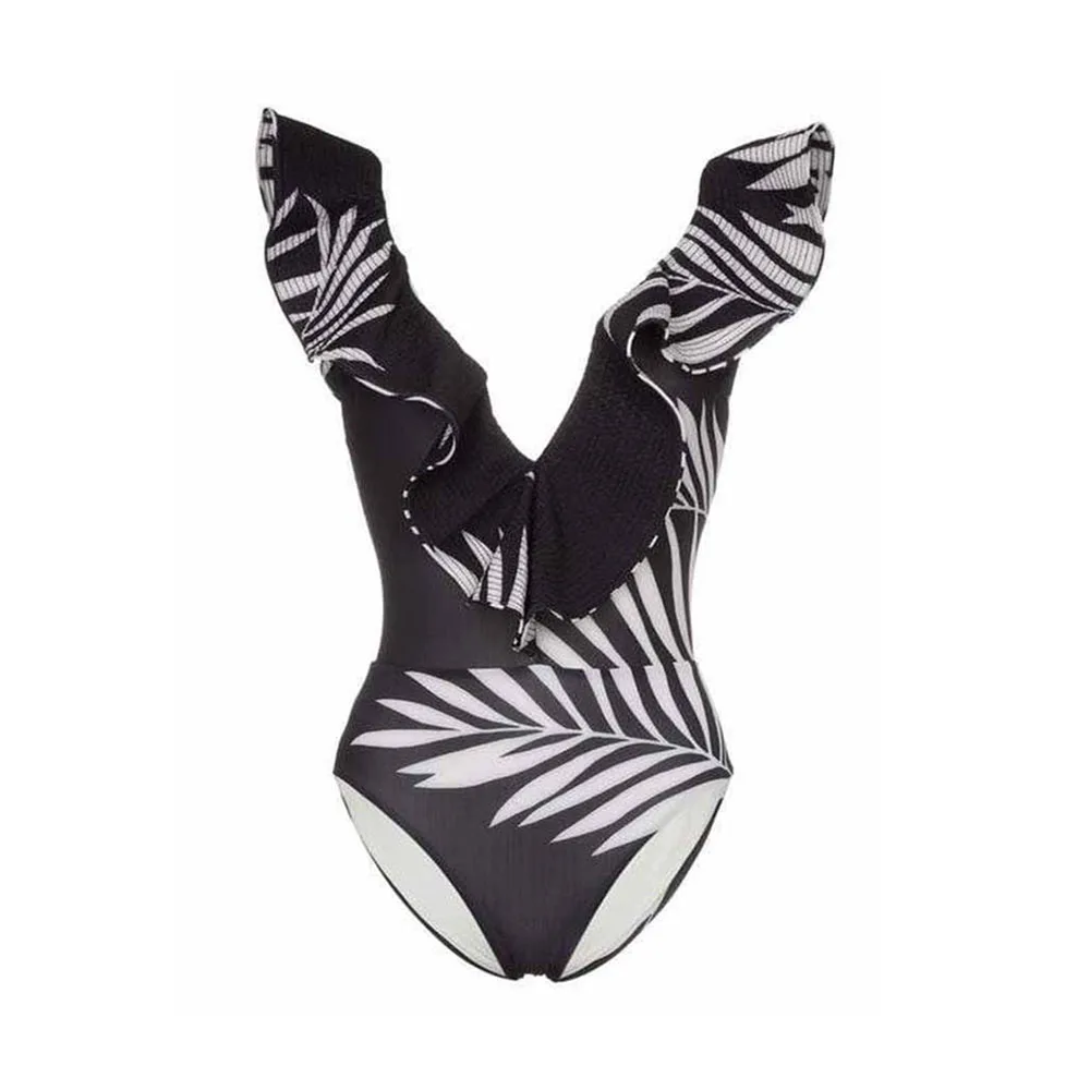 

Цельный роскошный купальник с глубоким V-образным вырезом и оборками, бикини с принтом листьев, сексуальные стринги, женский купальник с открытой спиной, монокини 2023, винтажные костюмы