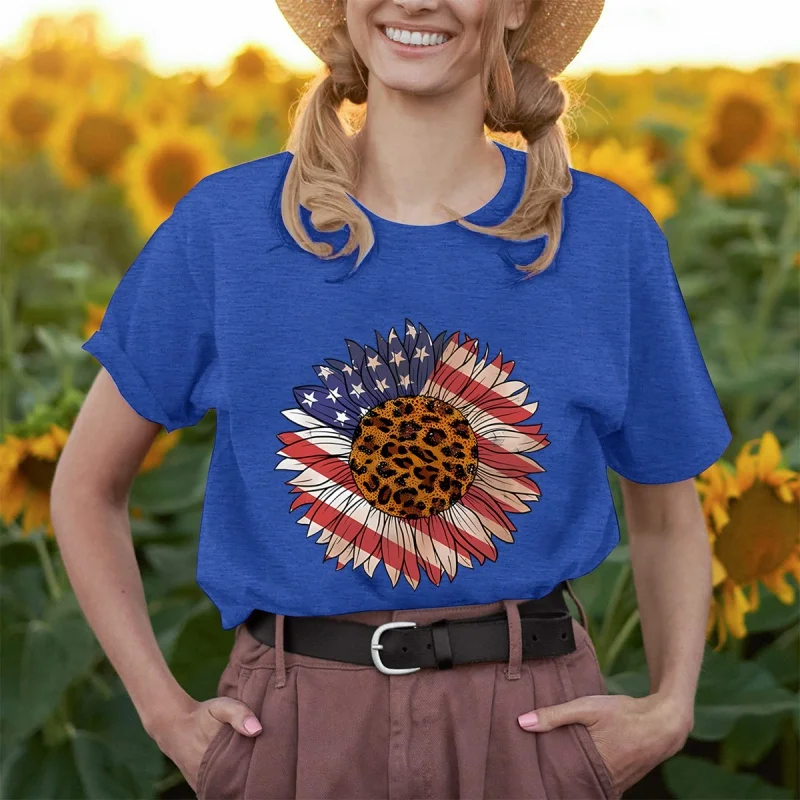 

Свободная повседневная женская футболка с принтом подсолнуха и американского флага, женские топы с коротким рукавом и круглым вырезом
