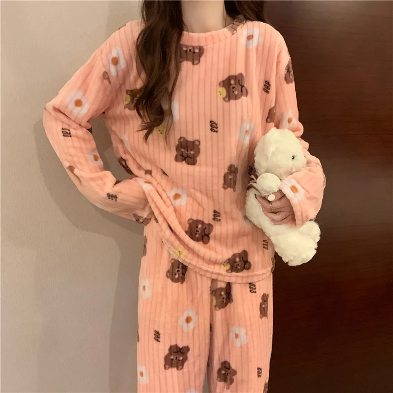 Women's Autumn Winter Warm Pajamas Pants Set Flannel Thick Korean Fleece Sleepwear Female 2 Pieces Velvet Pajama Woman Home Suit