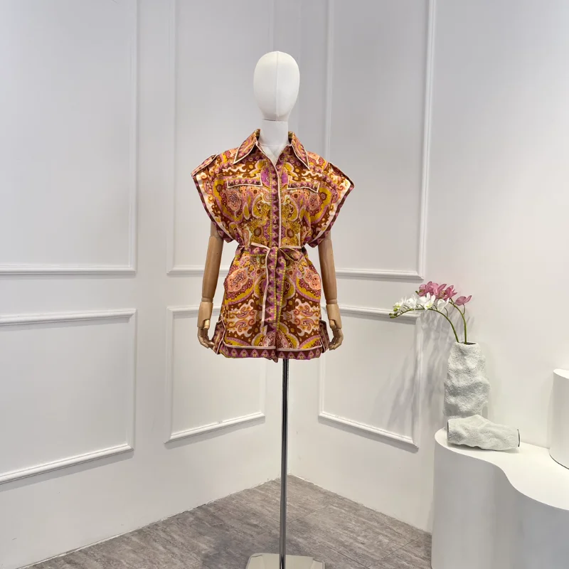 

High Quality Women Fashion 2023 Sprig Summer Linen Bohemian Print Belt Wide Sleeveless Shorts Rompers Suit