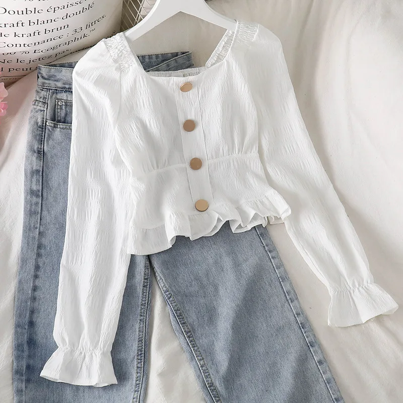 

Square Collar Design Shirt Women's Spring New Retro Waist Long-sleeved Chiffon Shirt Slim Short Puff Sleeve Top