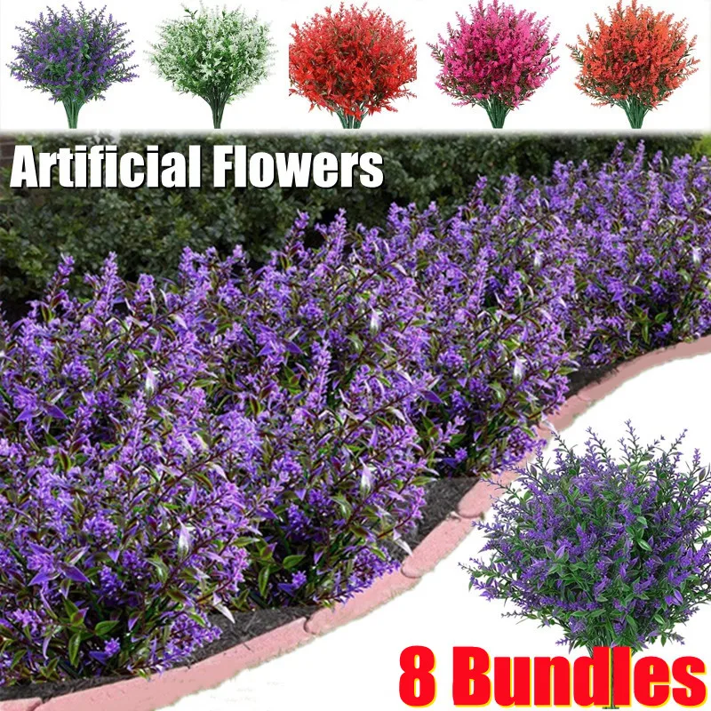 

8 Bundles Artificial Lavender Bouquet UV Resistant Shrubs Plants No Fade Outdoor Fake Flowers Garden Porch Home Wedding Decor