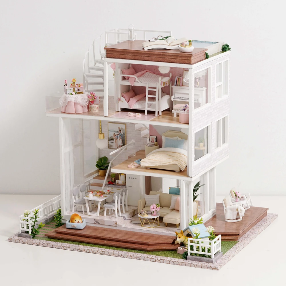 Casa de muñecas de madera para adultos, Kit de Casa de muñecas en miniatura con muebles y luz, ideal para regalo de Navidad