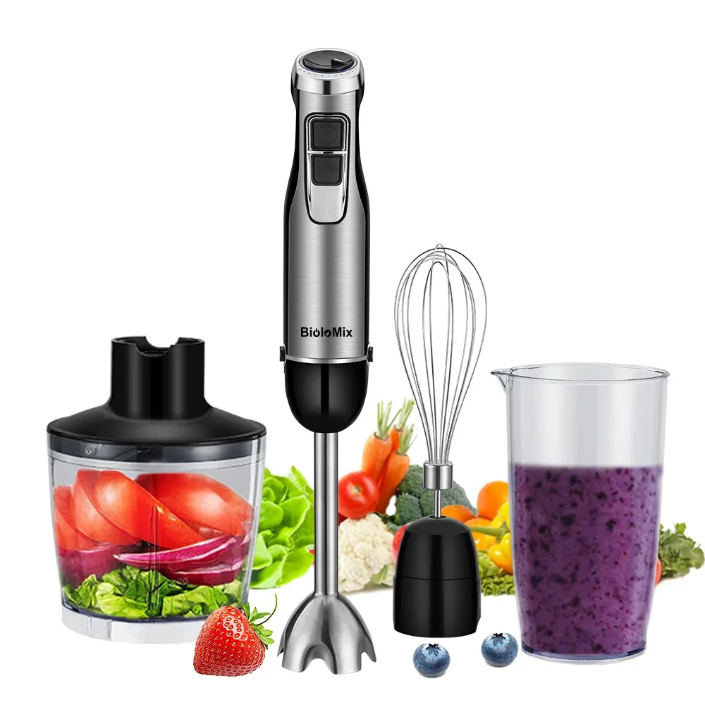 

BioloMix 4 in 1 High Power 1200W Immersion Hand Stick Blender Mixer Includes Chopper and Smoothie Cup Stainless Steel Ice Blades