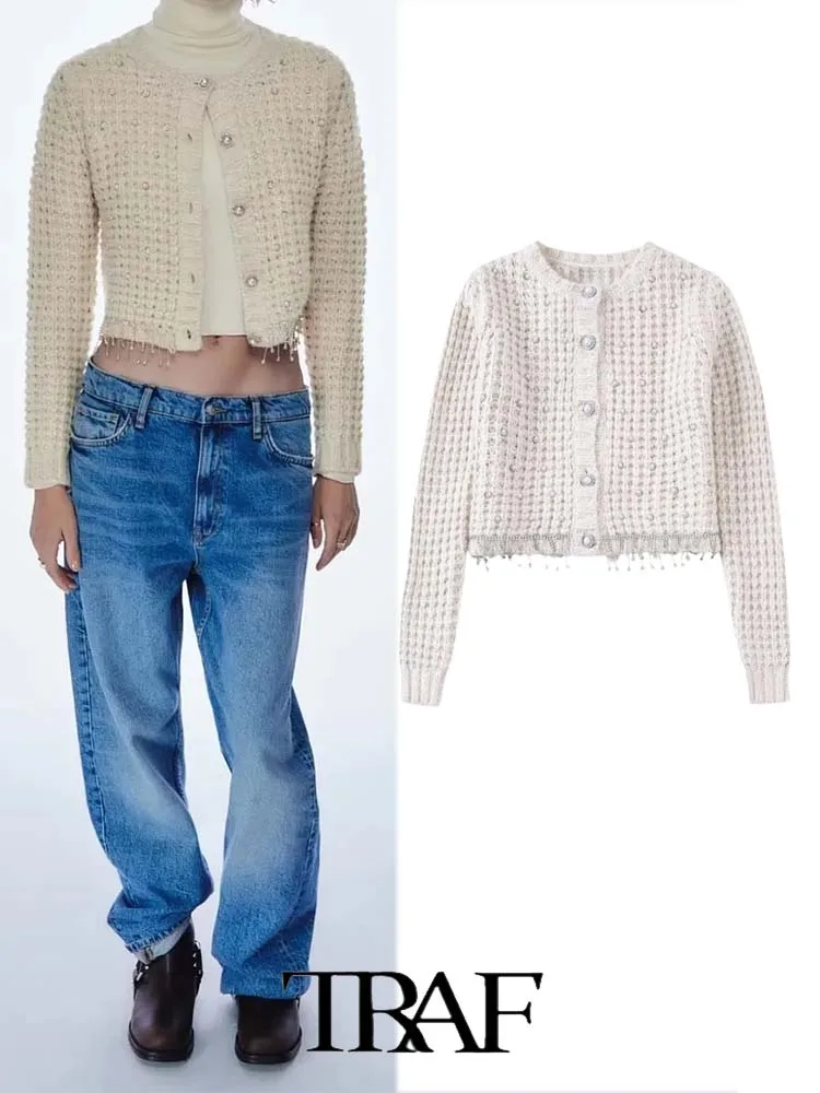 

Женское Короткое трикотажное пальто с длинным рукавом, с бусинами