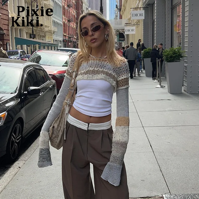 

Полосатый Тонкий Трикотажный Свитер PixieKiki в стиле ретро Y2k, одежда с вырезами, пэчворк, расклешенный, с длинными рукавами, короткий пуловер