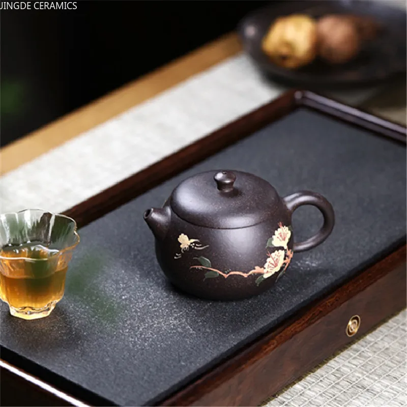 

Raw Ore Black Mud Hand Drawn Floral Teaware Tea Ceremony Yixing Handmade Tea Pot Purple Clay Teapot Beauty Kettle 170ml