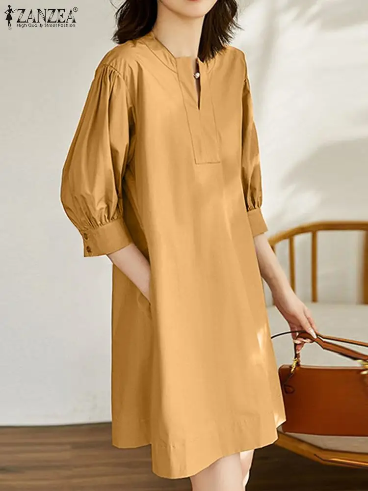 

ZANZEA Fashion Women Mini Dress 2023 Summer Round Neck Short Vestidos Casual Loose Solid Dresses Holiday 3/4 Puff Sleeve Robes