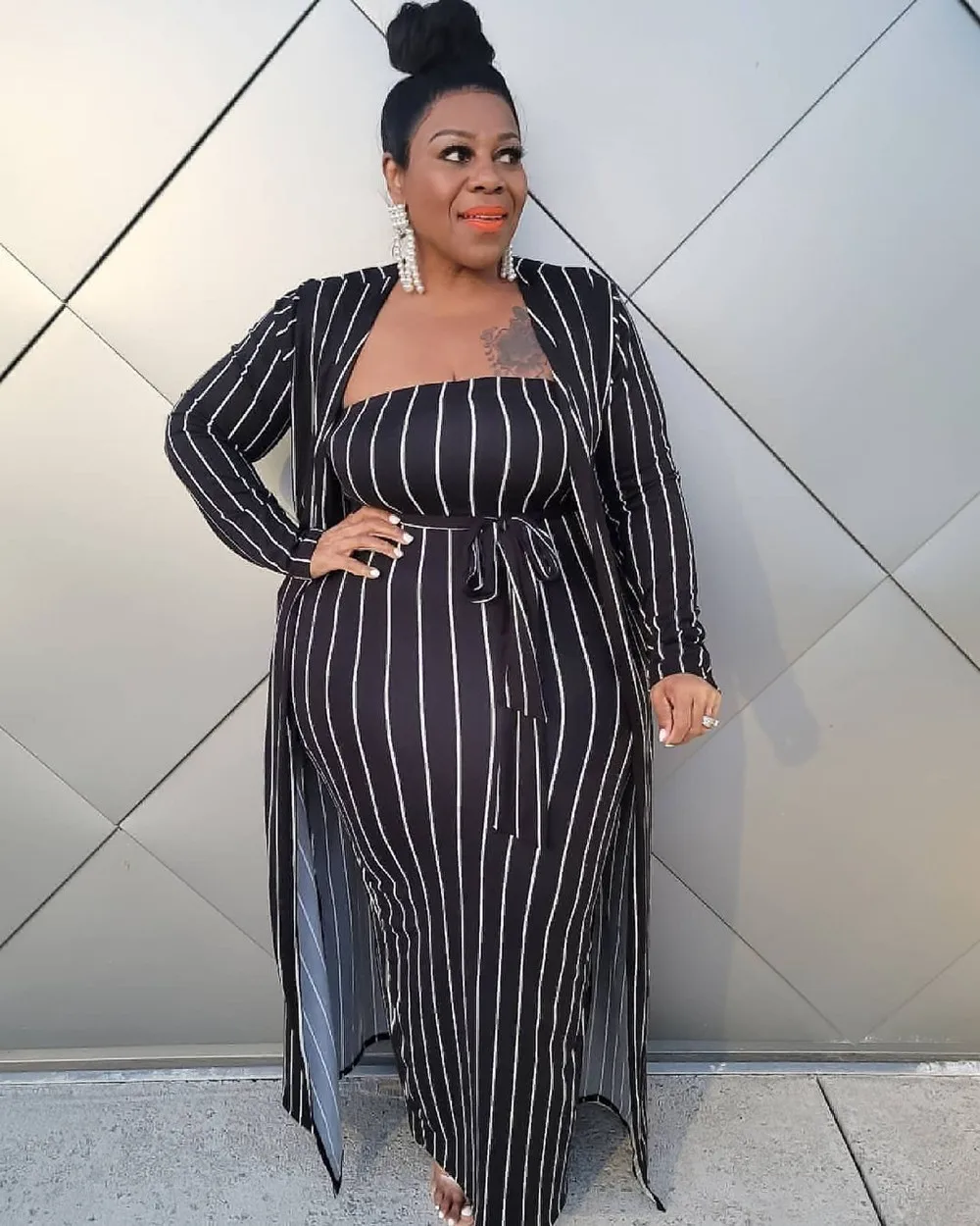 Plus Size Sets Striped Colorful Long Sleeve Long Coat and Wrapped Breast Skirt Slim Two Piece Set Women Dresses for Women 2022