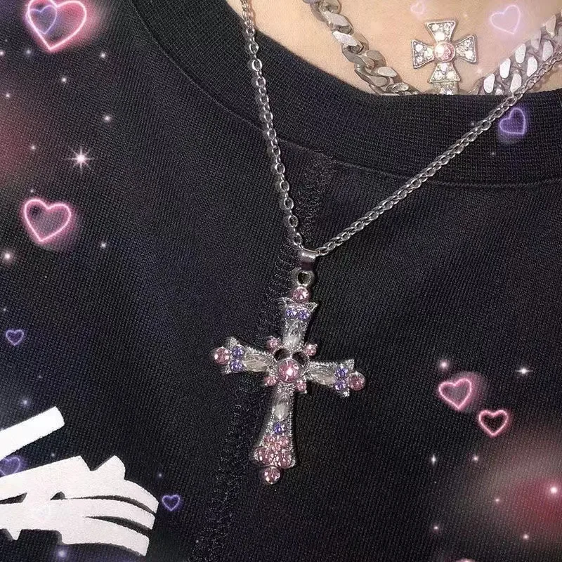 

Neo-Gothic Creative Pink Cross Pendant Necklace Exquisite Purple Zircon Heart Necklace for Girls Party Wedding Fashion Jewelry