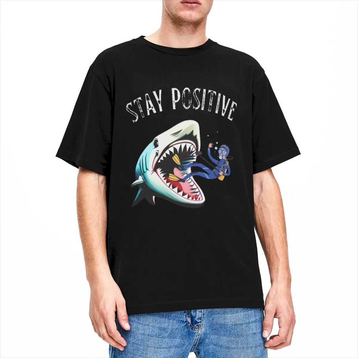 

Vintage Stay Positive Shark T-Shirts Men Women Round Neck 100% Cotton Funny Short Sleeve Tees Big Size Clothes