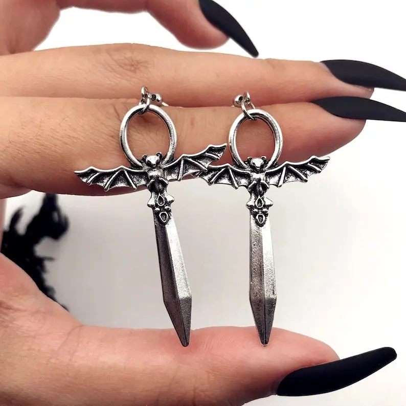 

Sword Earrings- Sword Drop Earrings- Bat Earrings - Medieval Jewelry- Alternative Style- Bat Jewelry- Sword Jewelry- Goth