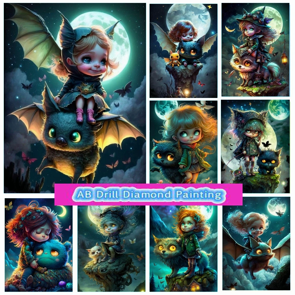 

Cartoon Cute Elf 5d AB Drill Diamond Painting Fantasy Magic Wings Cat Moon New Cross Stitch Diy Art Home Decor Children's Gift