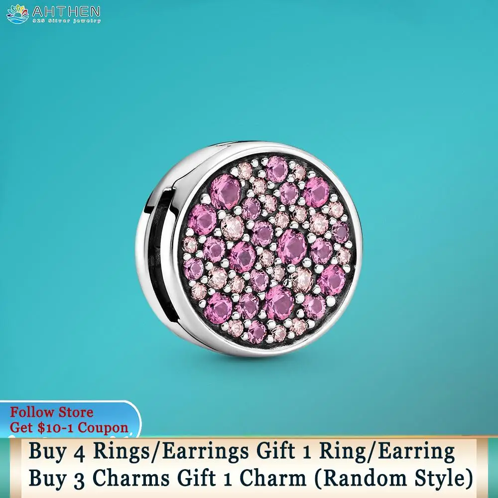 

Ahthen 925 Sterling Silver Charm Pink Pavé Clip Charm fit Original Pandora Bracelets for Women Jewelry Making Girl DIY Jewelry
