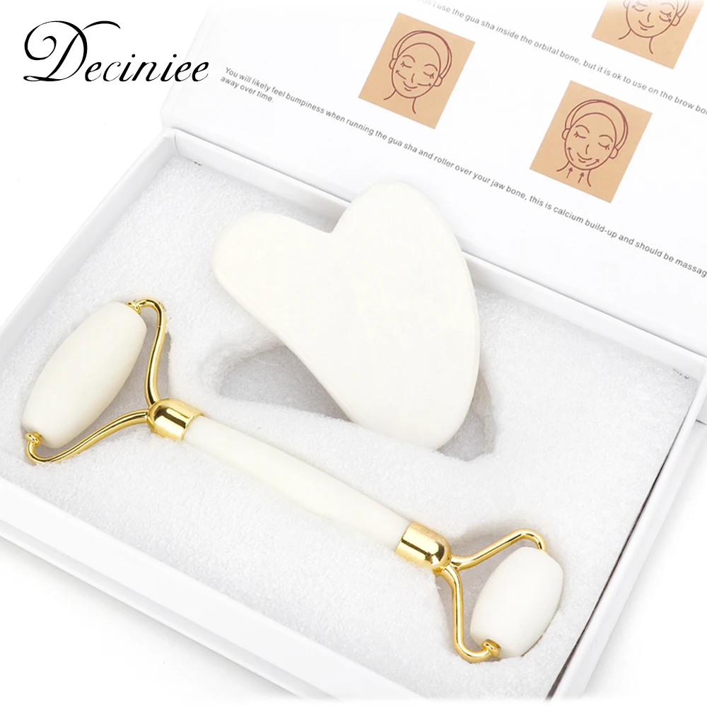 

White Jade Stone Face Massager Natural Quartz Scraper Jade Roller Gua Sha Set White Face Lifting Massage Tool for Back Neck Body