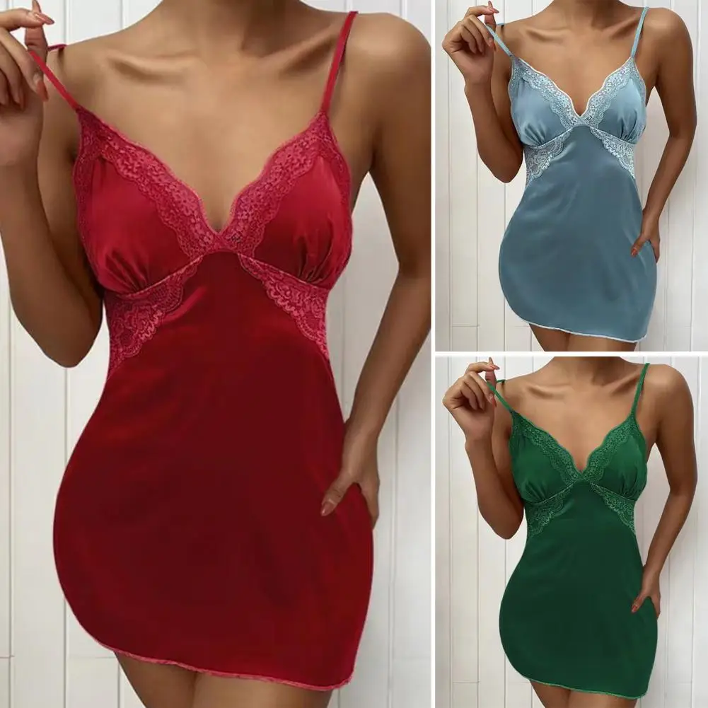 

2022 Women Nightdress Pajamas Solid Colors See-through Lace Deep V Neck Summer Sexy Nightie Sensual Lingerie Nightgown Homewear