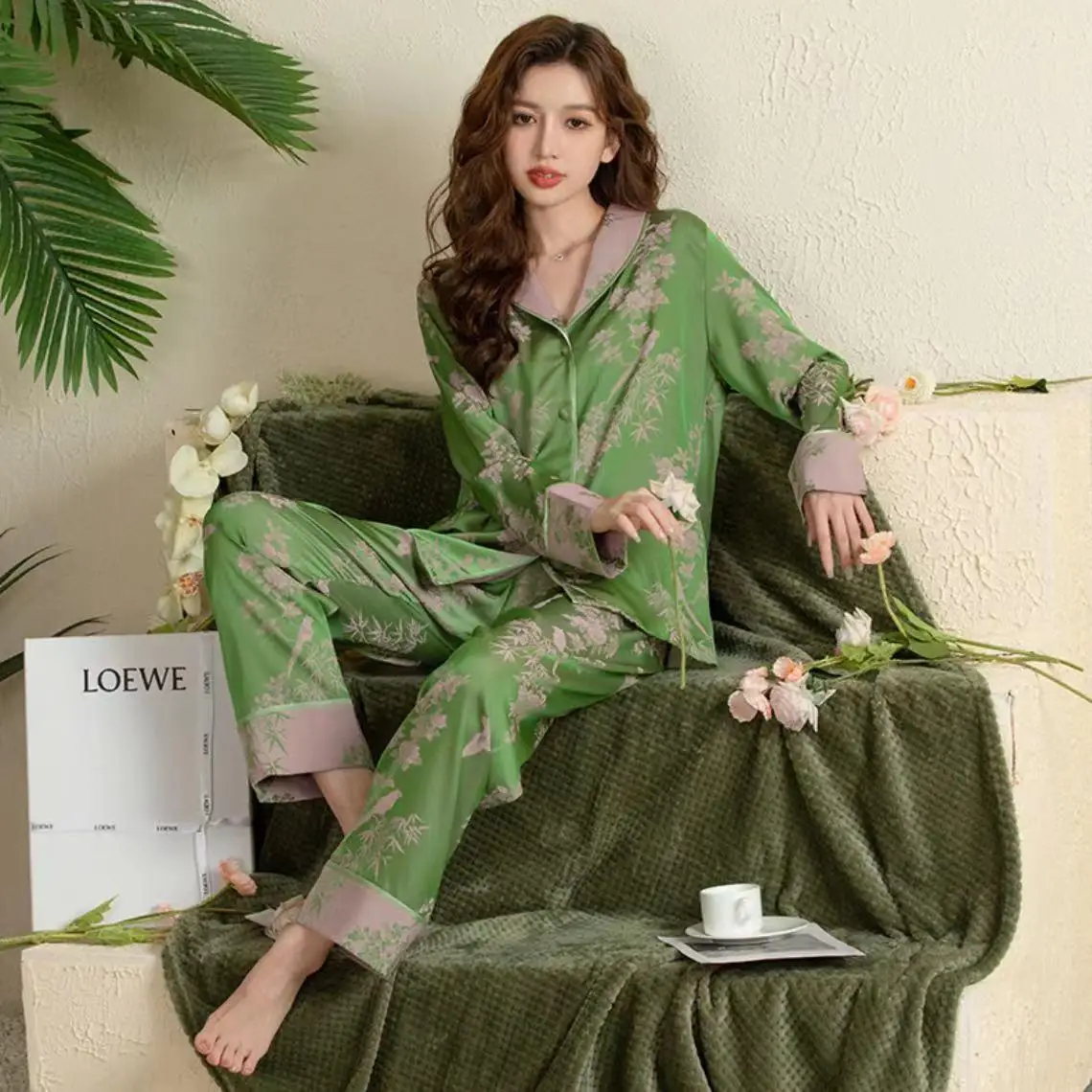 2023 Spring 2 Piece Set Women Home Clothes Long-sleeved Satin Silky Trouser Pants Suits Women Sleepwear Pajama