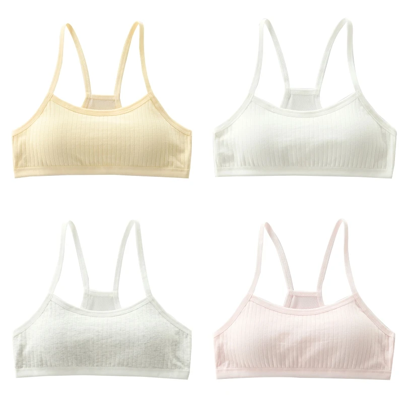 

Teens Girls Cotton Training Bra with Removable Pad Racerback Ribbed Solid Color Bralette Mesh Back Spaghetti Strap Vest Tops Old