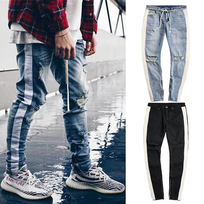 

Мужские спортивные брюки, рваные джинсы в полоску, узкие брюки, уличная мода, рваные джинсы в стиле хип-хоп, лето-осень