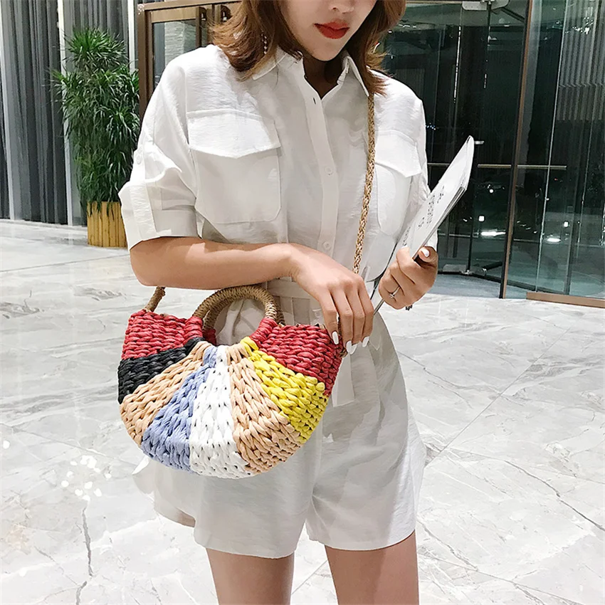 

Bolsa de vime feminina, bolsa redonda grande para viagens, de palha, alta qualidade, feita à mão, de vime