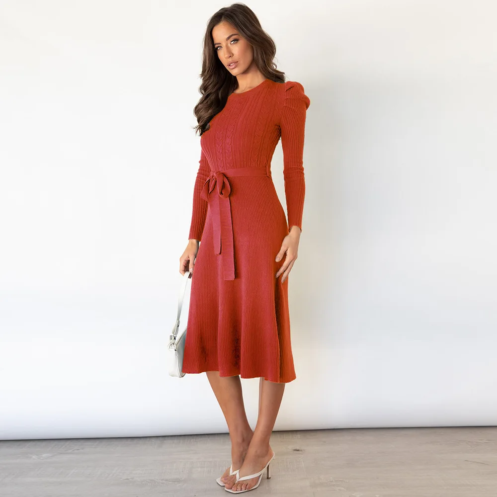 

Woman Dress Autumn Winter New Bubble Long Sleeve Knit Dress Women's Temperament Thin High Waisted Big Swing Base Sweater Dress