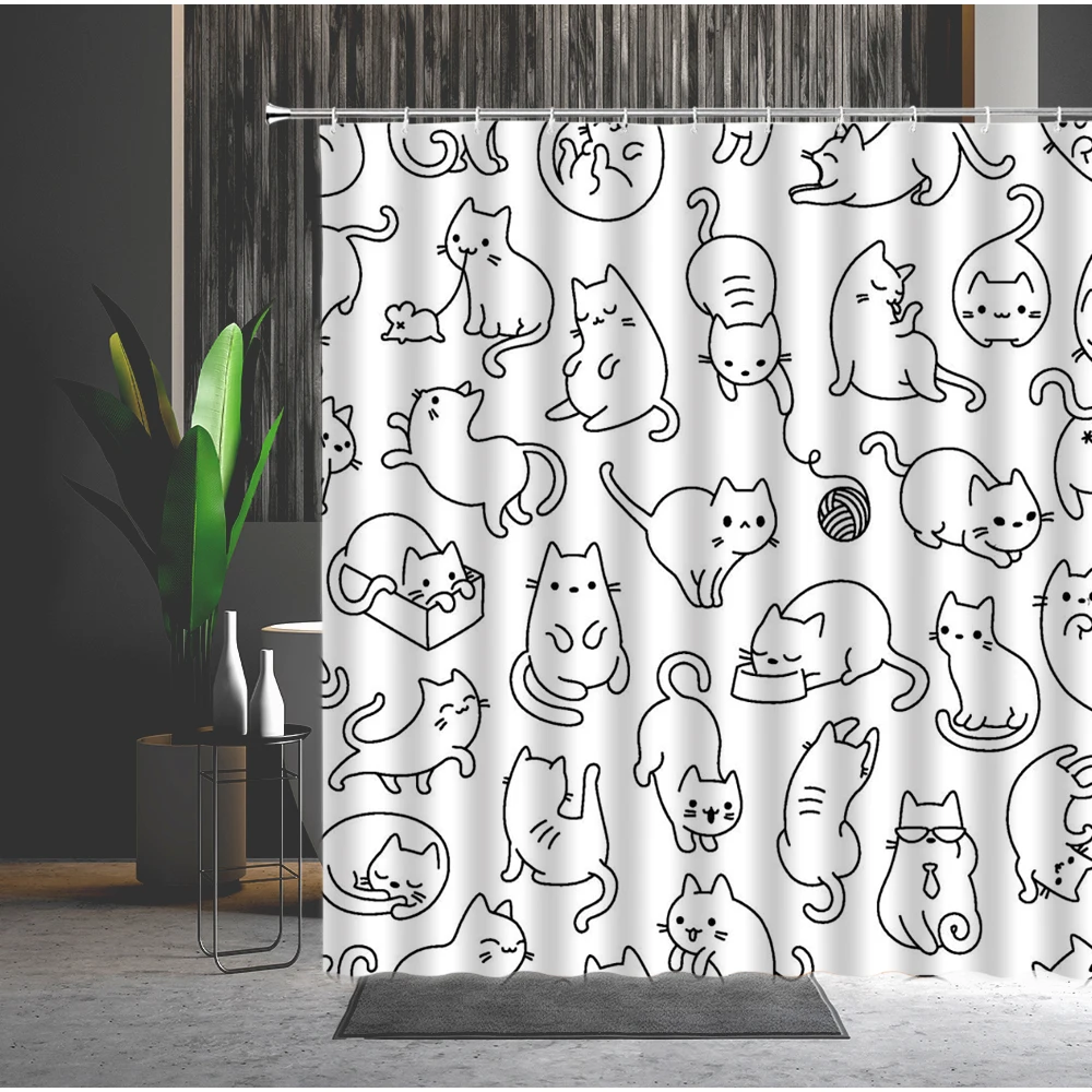 Funny Cat Shower Curtain Cute Cartoon Lion Dinosaur Animal Bathtub Screen Waterproof Polyester Curtains for Kids Toilet Bathroom