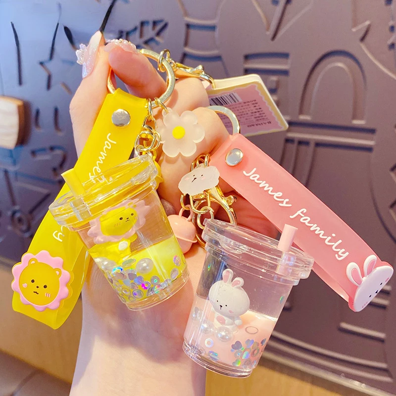 

Cartoon James Family Milk Tea Cup Liquid Keychain Cute Rabbit Floating Quicksand Animal Keyring Women Bag Pendant Keyfob Gifts