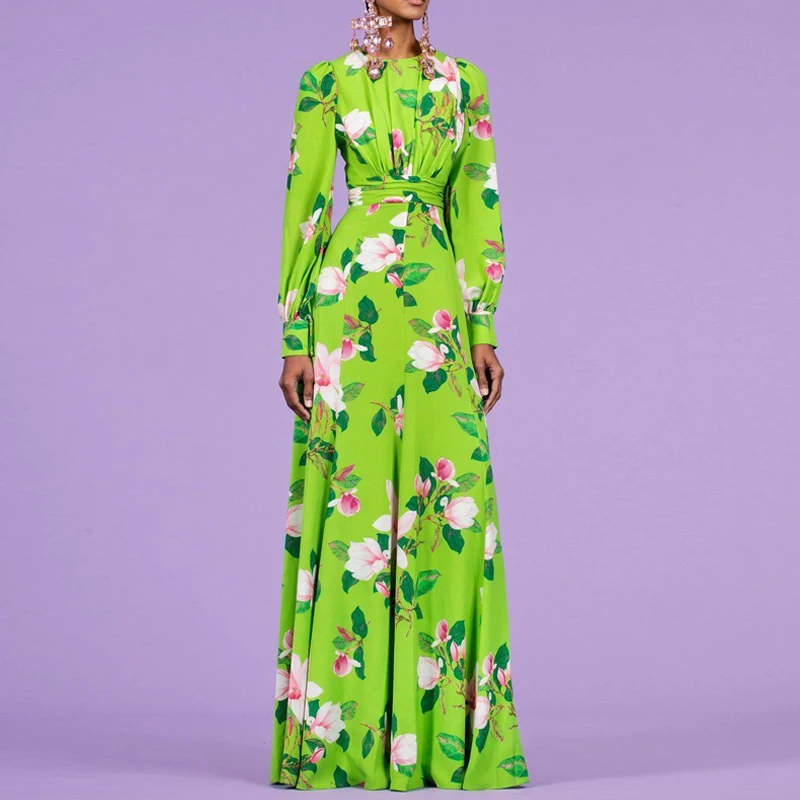 New Spring Summer Green Floral Printed Long Dresses Womens 2022 Vintage O-neck Long Sleeve Chiffon Maxi Dress