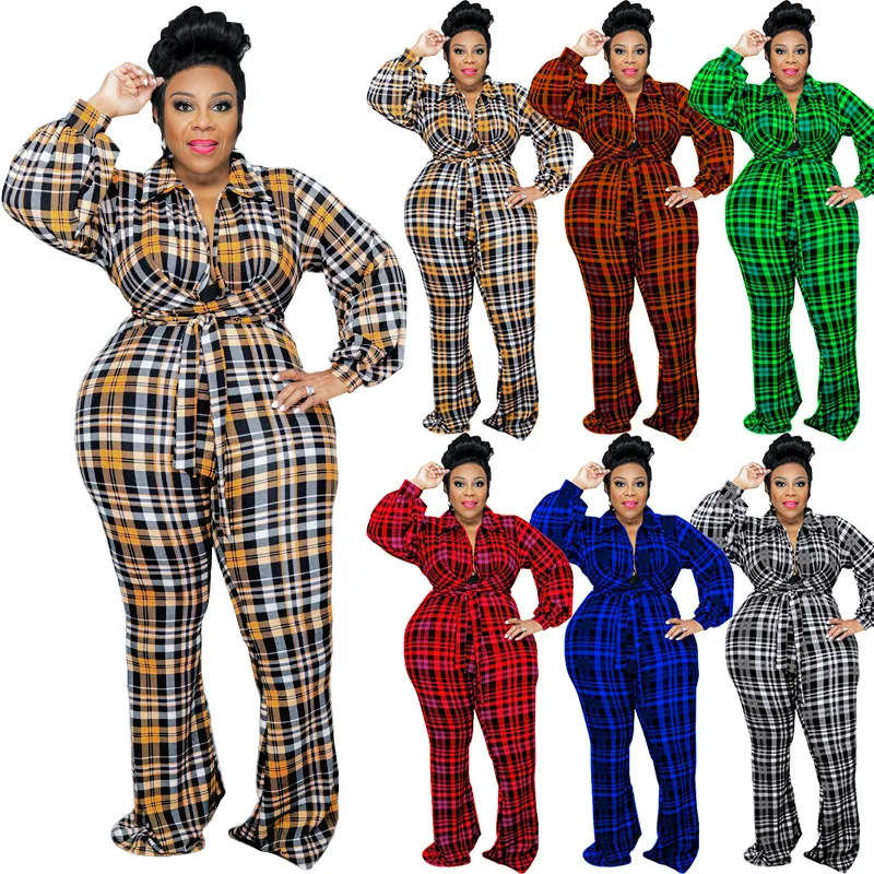 2022 Wholesale Checkered Elegant Commuter Style Plus Size Ladies 5XL Autumn Long Jumpsuit