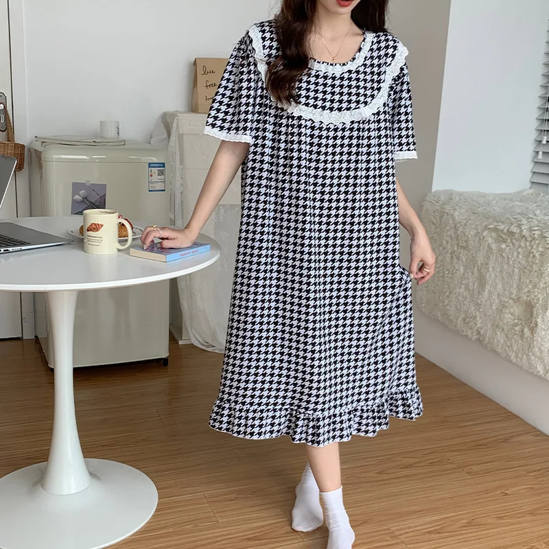 Short Sleeve Nightgown Women Sleepwear Round Neck Homewear Sleep Dress Home Clothing Cotton Loungewear Printing Pajamas