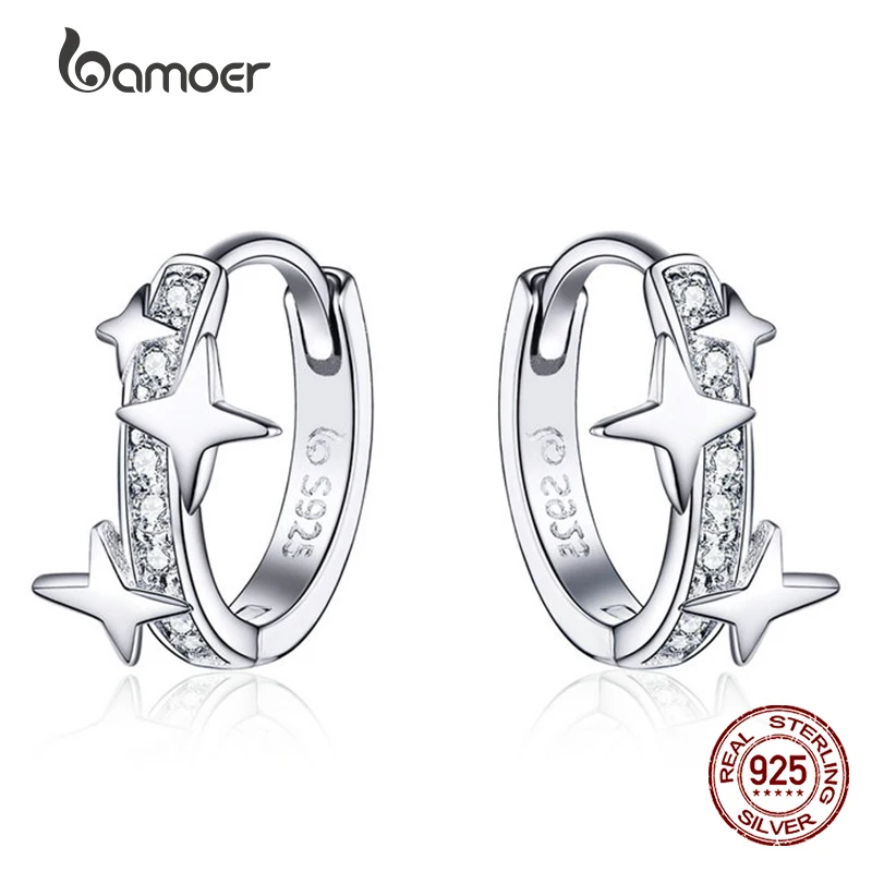 

Bamoer 100% 925 Sterling Silver Creativity Star Dangle Hoop Earrings Real 925 Silver Round Earrings for Women Man Party Jewelry