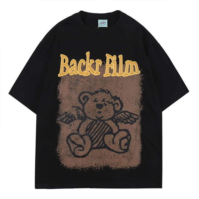 

Hip Hop Streetwear Harajuku T-Shirt for Men Graffiti Bear Print Print Short Sleeve T-shirt Summer Cotton Loose Y2k Clothes Tops