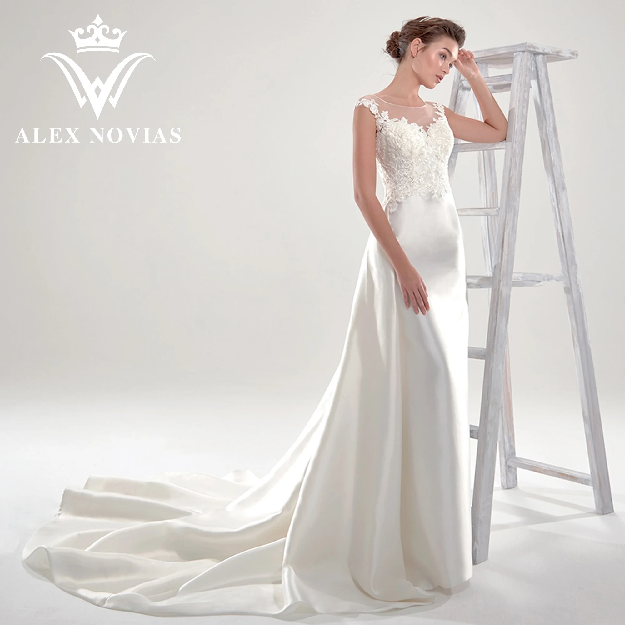

Свадебное платье с юбкой-годе ALEX NOVIAS, атласное свадебное платье со съемным шлейфом и невидимой вышивкой, 2023