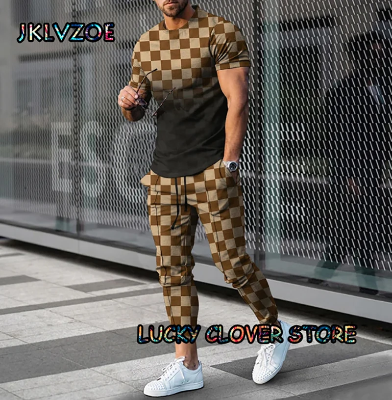 Summer Flowers Print Men Crew Neck Trousers 2 Pieces Sets Tracksuit T-shirts +Long Pants Trend Sportwear Jogging Suit Clothing