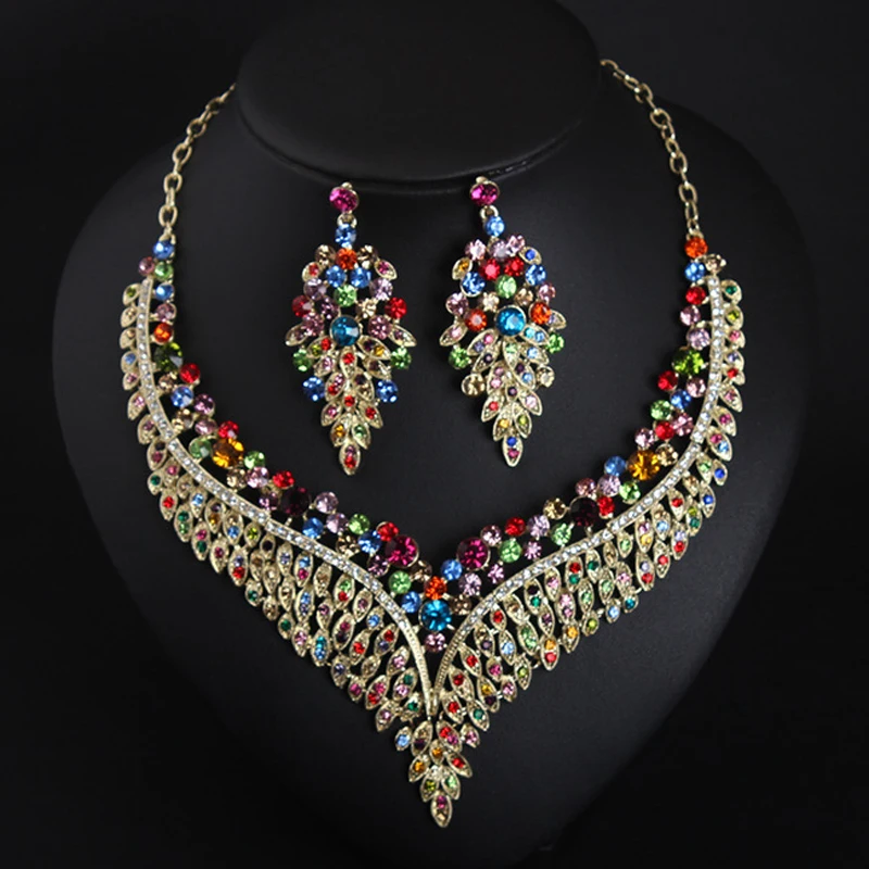 

Nigeria Crystal Necklace Earrings Set African Women Bridal Wedding Party Jewelry Statement Rhinestone Choker Bijoux Accessories