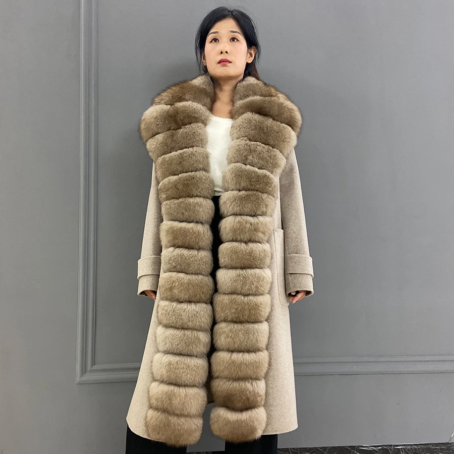 

Delightful Fur Jacket Women Wool Blend Coat Autumn Winter Warm Outwear Real Fox Fur Collar Knee-Length Overcoat