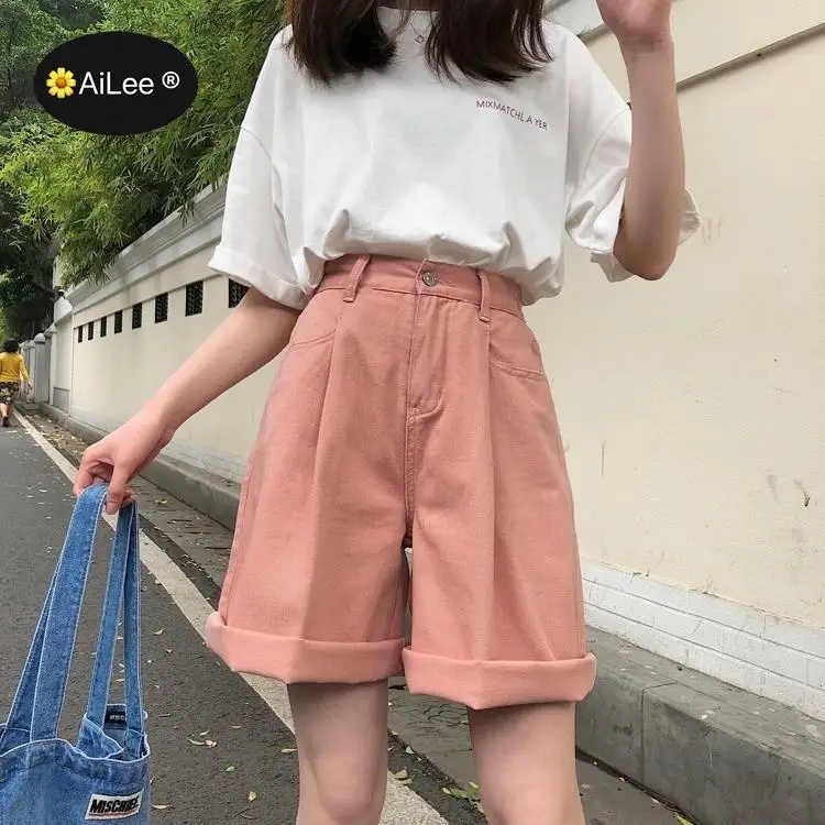 Fashion Denim Jeans Summer Women Cotton Cargo Shorts Korean High Waist Pocket Elastic Wide Leg Shorts Casual Loose Hotpants