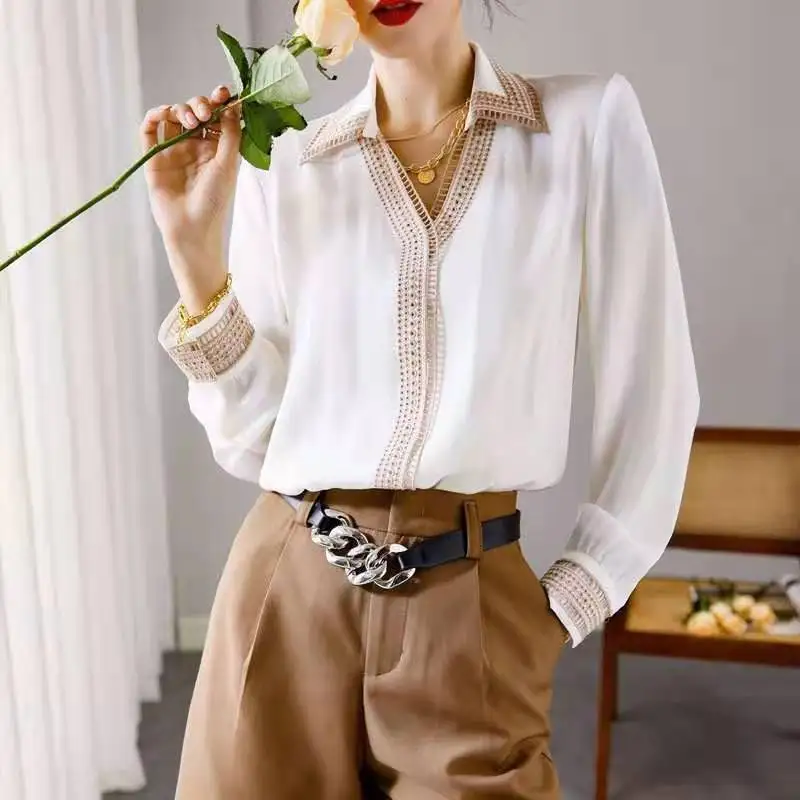 New 2022 Spring 100% Silk Blouse Top Women Natural Fiber High Quality Long Sleeve Pure Silk Shirt Lady Summer Clothing