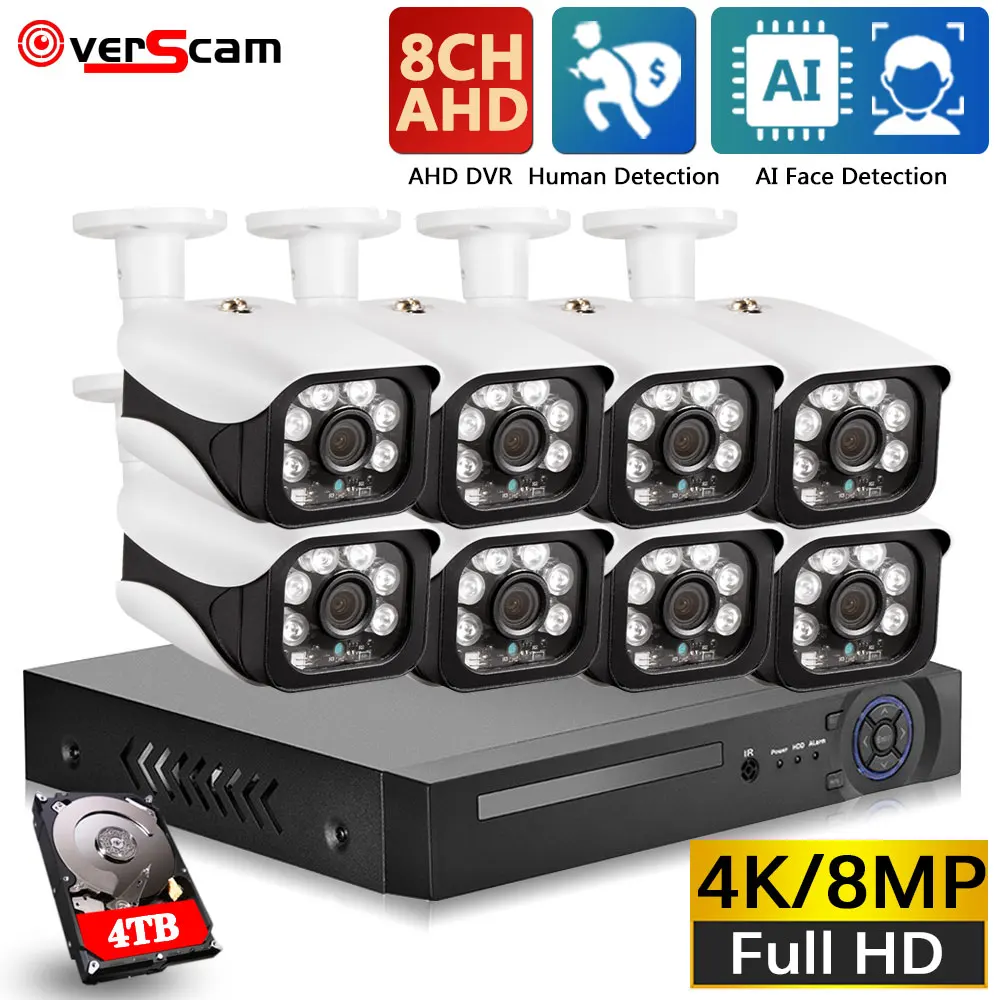 

Overscam 8MP HD Face Detection Analog Cam Outdoor CCTV System 8CH 4K DVR AHD Waterproof Camera Video Surveillance System Set