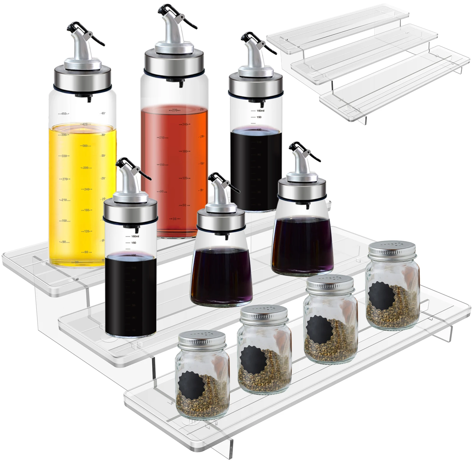

3-Tier Spice Drawer Organizer Plastic Spice Drawer Organizer Insert Detachable Clear Spice Rack Tray In-Drawer Seasoning Jars