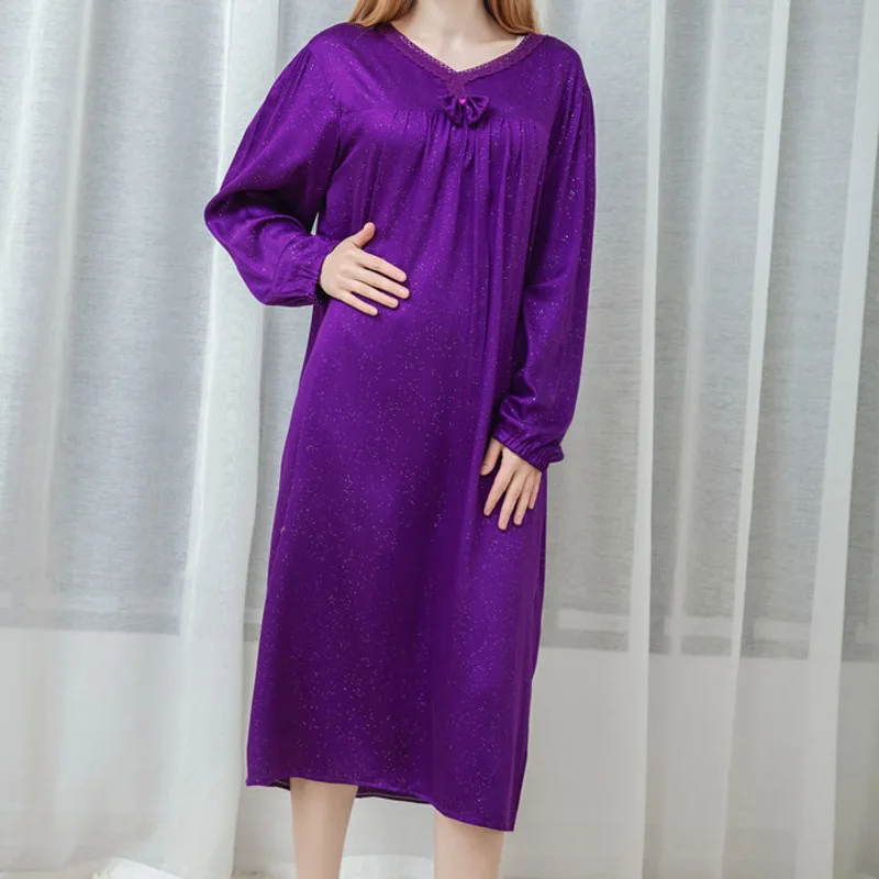 Women Nightgown Cotton Sleepshirt Long Sleeve V Neck Dress Casual Autumn Spring Nightwear Sleepwear Home Dressing Gown Plus Size