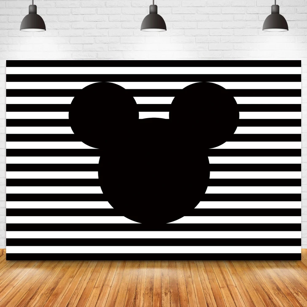 

Black White Stripe Pattern Photo Background Mouse Head Shape Happy Birthday First Communion Custom Party Backdrop Vinyl Poster